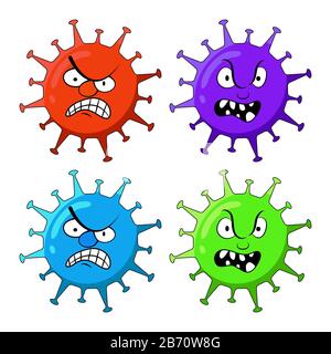 Coronavirus Mystery Virus from China or Wuhan icon set nCoV. Vector illustration of a coronavirus on a white background. Angry Face Mascot Character C Stock Vector