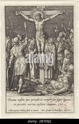 Kruisiging van Christus Passie van Christus (serietitel) the crucifixion of Christ on Mount Calvary. Behind the Cross Mary and St. John, among other bystanders. In the margin of a two-line Bible Quote from 1 Pet. 2 in Latijn. Manufacturer : printmaker: Jerome Who: rix (listed property) designed by: Hieronymus Wierixuitgever: Hieronymus Wierix (listed property) provider of privilege: Joachim de Buschere (listed property) Place manufacture: Antwerp Date: 1563 - for 1619 Physical features: car material: paper Technique: engra (printing process) Dimensions: plate edge: h 100 mm × W 66 mm Subject: Stock Photo