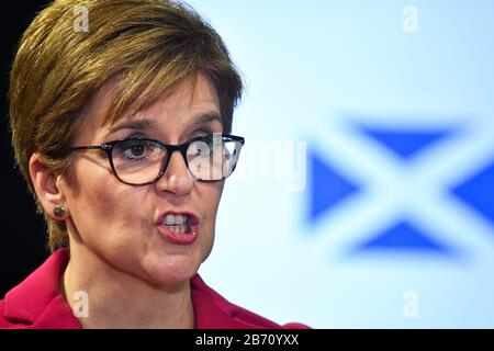 Scotland's First Minister Nicola Sturgeon speaking at a news conference in Edinburgh after the latest COBRA meeting to discuss the government's response to coronavirus crisis. PA Photo. Picture date: Thursday March 12, 2020. See PA story HEALTH Coronavirus. Photo credit should read: Jeff J Mitchell/PA Wire Stock Photo