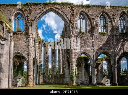 The ruins of the Cistercian Aulne Abbey, nestled on the right bank of the Sambre, Stock Photo