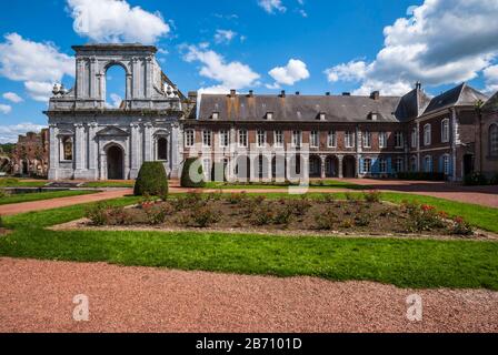 The ruins of the Cistercian Aulne Abbey, nestled on the right bank of the Sambre, Stock Photo