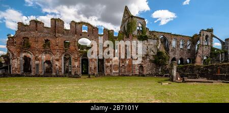 The ruins of the Cistercian Aulne Abbey, nestled on the right bank of the Sambre, Stock Photo