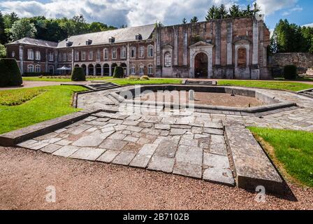 The ruins of the Cistercian Aulne Abbey, nestled on the right bank of the Sambre, Stock Photo