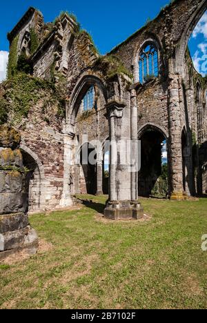 The ruins of the Cistercian Aulne Abbey, nestled on the right bank of the Sambre, Stock Photo