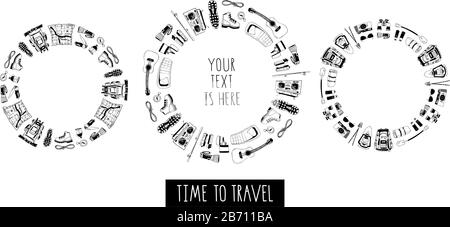 Set of modern monochrome circle frames for hiking, traveling design. Patterns with camping symbols. Boots, backpack, flashlight, sleeping bag, compass Stock Vector