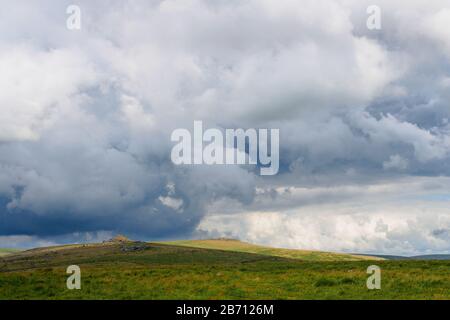 Dramatic view of a stone wall in Dartmoor in stormy cloudy weather, Devon, South England Stock Photo