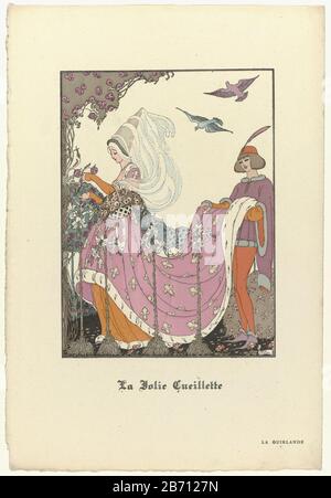 La Guirlande, Album Mensuel d'Art et de literature, 1919-1920 La jolie Cueillette a' princess 'and a page, dressed in the fashion of the late Middle Ages (ca 1450-1500). The woman is wearing a robe with a motif of French lilies, trimmed with ermine fur, Where: under an orange tunic. On the main high 'atour' with veil. She is busy picking flowers while a page stops the train of her robe. The page carries hosen and tootschoenen. Print probably from the magazine La Garland, Album mensuel d'art et de la litterature (1919-1920) . Manufacturer : to design: Gerda Wegener (listed building) printmaker: Stock Photo