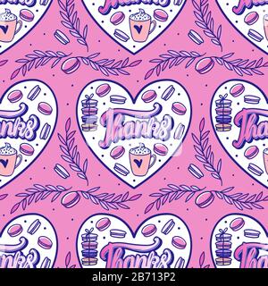 Macaroons with a cup and the inscription Thanks. Vector Seamless pattern with shape of a heart on pink background. Sweet cute design cafe. Stock Vector