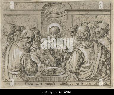 Laatste avondmaal Christ with his disciples around a table . John rests against Christ. On the table are a chalice and a bowl with bread. Among the representation an inscription in Latin. Mat. 26 Manufacturer : printmaker Pieter Feddes Harlingen (listed property) Place manufacture: Friesland Dating: 1611 - 1623 Physical features: etching; proofing; with white gehoogd Material: paper Technique: etching / brush dimensions: plate edge: H 125 mm × W 160 mm Subject: Last Supper (in general) (Matthew 26: 21-35; Mark 14: 18-31; Luke 22: 3, 22:15 -23; John 13: 21-38) Stock Photo
