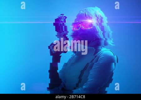 Girl with blaster in the futuristic battle. Concept virtual reality, cyber game and science fiction. Image with glitch effect. Stock Photo