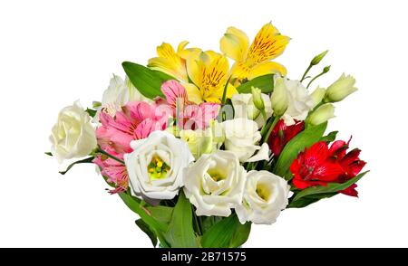 Bouquet of beautiful multicolored Alstroemeria flowers and white Eustoma (Lisianthus) flowers isolated on white background - delicate detail of spring Stock Photo