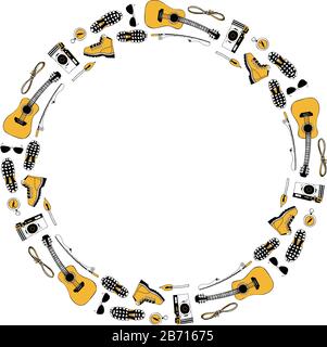 Vector template. Modern circle frame for hiking, traveling design. Pattern with camping symbols. Boots, camera, guitar, sunglasses, rope, compass Stock Vector