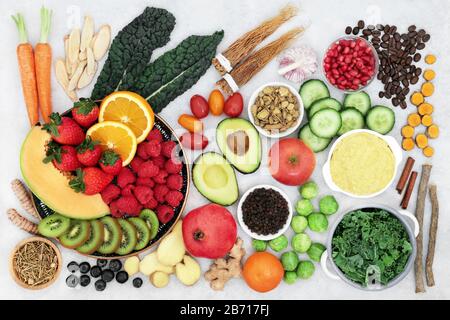 Asthma and respiratory relieving healthy food selection for vegans with herbs and spices used in chinese herbal medicine. Stock Photo