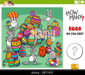 Illustration of Educational Counting Game for Children with Cartoon Easter Eggs and Bunnies Characters Group Stock Vector