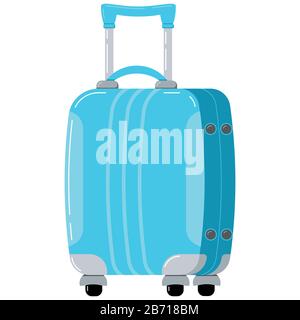 Blue travel plastic suitcase with wheels and telescopic handle icon isolated on white background. Stock Vector