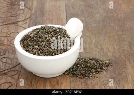 Fumitory herb leaf in a mortar with pestle used in herbal medicine to treat irritable bowel syndrome, IBS, conjunctivitis, constipation heart problems Stock Photo