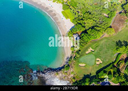 USA, Hawaii, Big Island, west coast resort, Mauna Kea Beach and golf course, aerial view Stock Photo