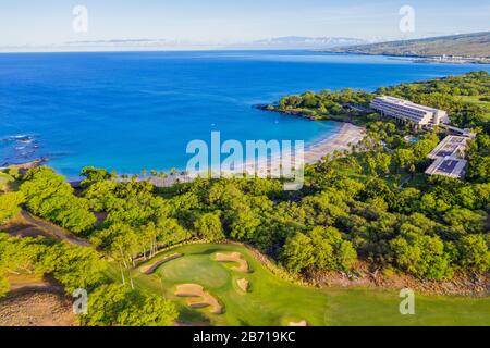 USA, Hawaii, Big Island, west coast resort, Mauna Kea Beach hotel and golf course, aerial view Stock Photo