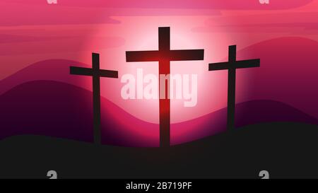 Three Crosses On Calvary, Crown Of Thorns Vector . Stock Vector