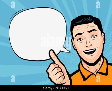 Young man showing thumbs up. Retro comic pop art vector illustration Stock Vector