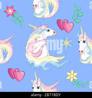 Seamless pattern with trendy cartoon patches. Unicorns, rainbows and hearts. Stock Vector