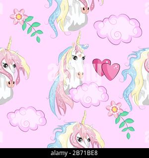 Seamless pattern with trendy cartoon patches. Unicorns, rainbows and hearts. Stock Vector