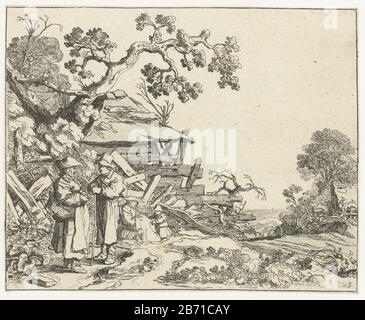 Landschap met een boer en een boerin Landschappen met figuren (serietitel) in a rural area are talking a farmer and a farmer near a dilapidated house. Behind them stands a small child in a seated old woman. This print is part of a series of four prints of landscapes figuren. Manufacturer : printmaker: Pieter de Molijn Publisher: Pieter de Molijn (possible) Place manufacture: Haarlem Dating: 1626 Physical features: etching material: paper Technique: etching Dimensions: sheet: H 151 mm × b 185 mm Subject: landscapes in the temperate zone farm or solitary house in landscape Stock Photo