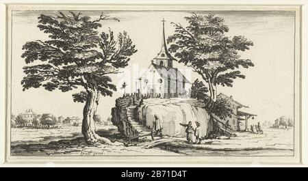 Landschap met een kerk op een rots Divers paisages (serietitel) Verschillende landschappen (serietitel) In a landscape with few trees and houses is a small church on a rock. Three figures walking on the path that leads to it. A small crowd gathered at the entrance. This print is part of a series of 19 prints (20 including frontispiece.) With landschappen. Manufacturer : designed by Jacques Callotprentmaker: François Collignon (possible) publisher: Israel Henriet (listed property) Place manufacture: printmaker: France (possible ) publisher: Paris Date: 1630 - 1660 Physical features: etching mat Stock Photo