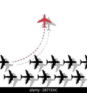 Think different business concept illustration, Red airplane changing direction and white ones. Stock Vector