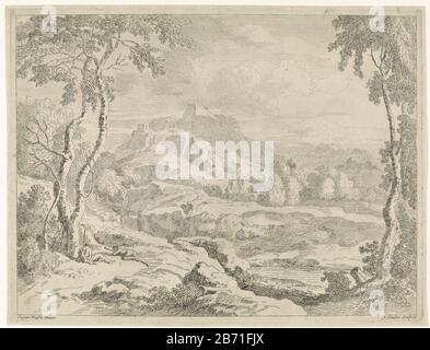 Landschap met herders Landschappen naar Gaspar Poussin (serietitel) Hilly landscape in the foreground two sleeping shepherds. The print is part of a series of landscapes to paintings by Gaspar Poussin. Manufacturer : printmaker John Glauber (listed property) to painting: Gaspard Dughet (listed property) Place manufacture: Unknown Date: 1656 - 1726 Physical features: etching material: paper Technique: etching dimensions: plate edge: h 293 mm × W 389 mm Subject: (high) hill (+ landscape with figures, staffage) herding, herdsman, herdswoman, shepherd, shepherdess, cowherd, etc. Stock Photo