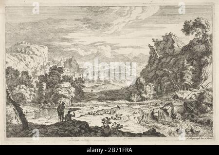 Landschap met herders bij een waterval Mountain landscape with two shepherds in the foreground. Behind them their flock. Right a waterval. Manufacturer : printmaker Albert Meyeringh (listed building) in its design: Albert Meyeringh (listed building) publisher: Albert Meyeringh (possible) Place manufacture: Amsterdam Date: 1665 - 1714 Physical features: etching material: paper Technique: etching Dimensions : plate edge: h 210 mm × W 324 mm Subject: water coursewaterfallherding, herdsman, herdswoman, shepherd, shepherdess, cowherd, etc. Stock Photo