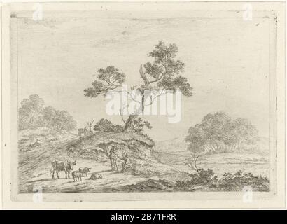 Landschap met herders in gesprek Landscape with three sheep, a bull and two shepherds in conversation. Left a cart in the background on a hill. Right river. Print from a series of landschappen. Manufacturer : print maker, John Janson Place manufacture: Leiden Date: 1761 - 1784 Physical characteristics: etching material: paper Technique: etching dimensions: plate edge: H 104 mm × W 145 mm Subject: herding, herdsman, herdswoman, shepherd, shepherdess, cowherd , etc. Stock Photo