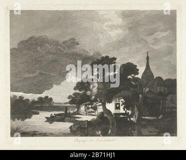 Landschap met onweer landscape just a village near the water. On the waterfront is a woman with a child sitting in a rowboat. A lighted house overlooks an old woman to the group at the water. Manufacturer : printmaker: Lambertus Antonius Claessens to painting: Rembrandt van Rijn Place manufacture: Unknown Date: ca. 1792 - 1834 Physical features: etching material: paper Technique: etching Dimensions: plate edge: H 248 mm × W 313 mm Subject: landscapes with storm water, water capes, seascapes (in the temperate zone) Stock Photo