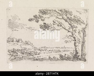 Landschap met rechts twee bomen Landscape with two trees on the right. On the horizon a kerktoren. Manufacturer : printmaker: Gerard van Nijmegen Place manufacture: Rotterdam Date: 1780 - 1790 Physical features: etching; proofing material: paper Technique: etching dimensions: plate edge: h 72 mm × W 103 mm Subject: tree