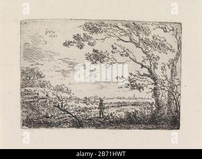 Landschap met rechts twee bomen Landscape with two trees on the right. In the center a man with a dog. On the horizon a kerktoren. Manufacturer : printmaker: Gerard van Nijmegen (listed property) Place manufacture: Rotterdam Date: 1780 Physical features: etching material: paper Technique: etching Dimensions: plate edge: H 71 mm × W 105 mm Subject: treesdog