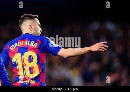 BARCELONA - MAR 7: Jordi Alba celebrates a goal at the La Liga match ...