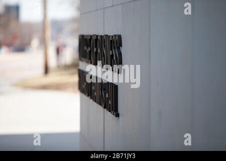 Howard Hawks Hall sign, College of Business, University of Nebraska-Lincoln City Campus, Lincoln, Nebraska Stock Photo