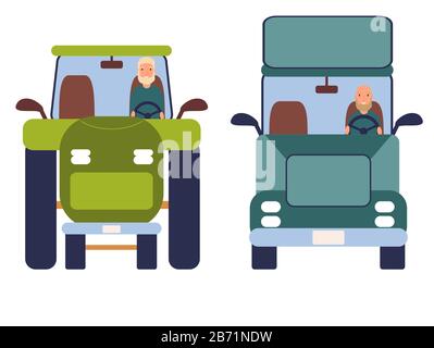 Funny people driving cars isolated on white background. Colorful vector illustration in flat cartoon style. Stock Vector