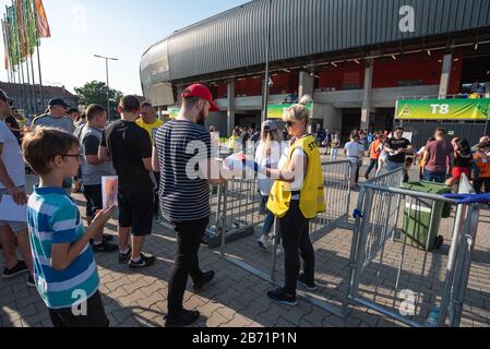 TYCHY, POLAND - JUNE 7, 2019: City Stadium Tychy before match U-20 World Cup Poland 2019 1/4 finals Match Italy vs Mali. Stewards chcckins tickets at Stock Photo