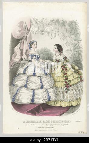 Two women at a balustrade in a greenhouse. Left: white evening gown decorated with blue flowers. Boat neck, short sleeves and wide skirt consisting of three layers pleated decorated with vertical blue flower garlands. Accessories: bracelets, short gloves, fan. Right: yellow evening gown adorned with leaves and red berries. Boat neck adorned with berthe, short puffed sleeves and pointed bodice. Wide and partly pleated skirt decorated with white side. Accessories: necklace, bracelets on both wrists, short gloves, fan brush. Among the show a few lines about the fashion magazine. Print out the fas Stock Photo