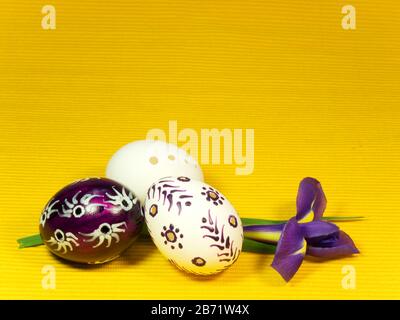 Three easter eggs and iris on yellow Stock Photo