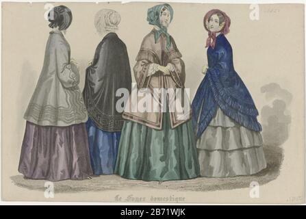 Le Foyer Domestique, ca 1850 Four women, who : two seen from the back, dressed in different casings at wide rokken. Manufacturer : print maker: anonymous date: approx 1850 Physical characteristics: engra, hand-colored material: paper Technique: engra (printing process) / hand-color measurements: sheet: h 162 mm × W 252 mm Subject: fashion plates head-gear: hat (+ women's clothes) coat (+ women's clothes) gloves, mittens, etc. (+ women's clothes) shoes, sandals (+ women's clothes) Where: 1850 - 1851 Stock Photo