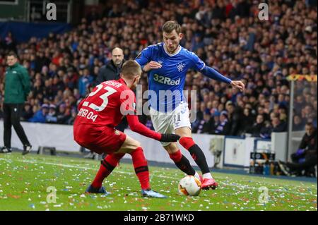 Glasgow, UK. 12th Mar, 2020. Rangers FC played Bayer Leverkusen in Round of 16 -1st leg at Ranger's home stadium, Ibrox, Glasgow. in the UEFA 'Europa' league.According to Steven Gerrard, Ranger's manager, this game provides a great challenge but it is hoped that his team can build on previous performances. Credit: Findlay/Alamy Live News Stock Photo