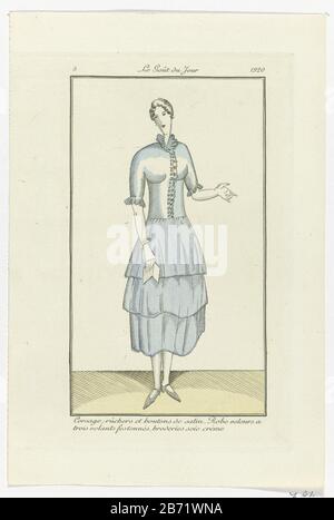 Bodice with ruffles and satin buttons. Dress of velvet with three strips of wrinkled with scalloped hem and embroidery cream silk. Print out the fashion magazine Le Gout du Jour (1920-1922) . Manufacturer : printmaker: anonymous editor: François Bernouard (possible) Place manufacture: Paris Date: 1920 Physical features: engra, with templates and hand colored material: paper Technique: engra (printing process) / hand color / pochoir Dimensions: plate edge: h 180 mm × W 111 mm Subject: fashion plates dress, gown (+ women's clothes) embroidery (ornamentation) (+ women's clothes) button (+ women's Stock Photo
