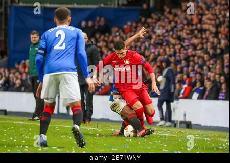 Glasgow, UK. 12th Mar, 2020. Rangers FC played Bayer Leverkusen in Round of 16 -1st leg at Ranger's home stadium, Ibrox, Glasgow. in the UEFA 'Europa' league.According to Steven Gerrard, Ranger's manager, this game provides a great challenge but it is hoped that his team can build on previous performances. Credit: Findlay/Alamy Live News Stock Photo