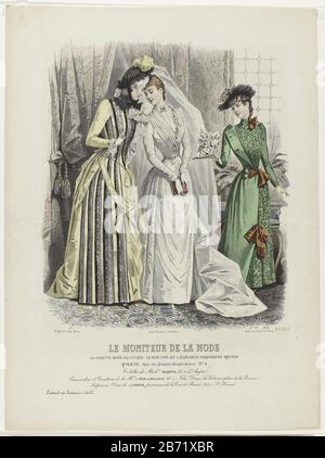 Le Moniteur de la Mode, 1889, Nr 2532c, No 19 Toilettes de Made Duboys A bride standing in a wedding gown with trail next to an older woman. A young woman holds her bouquet. According to the caption, 'toilettes' of Madame Duboys. Here are some rules text advertising for various products. Print out the fashion magazine Le Moniteur de la Mode (1843-1913) . Manufacturer : printmaker A. Porter (listed property) to drawing: Jules David (1808-1892) (listed building) Publisher: Abel Goubaud (listed object) printer H. Lefèvre (listed property) Place manufacture: Paris Date: 1889 Physical features: eng Stock Photo