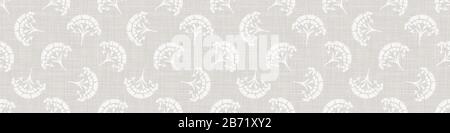 Gray french linen texture border background printed with white daisy flourish. Natural ecru summer country style seamless ribbon edge pattern Stock Vector