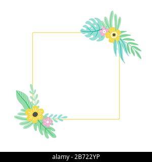 Tropical summer leaf frame for text border, greeting card, poster design. Exotic floral decoration of hawaii style. Vector illuatration of trendy style. Stock Vector