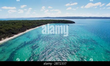 aerial view of the beach and waters of peel island in morton bay Stock Photo