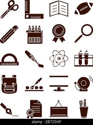 school education learn supply stationery icons set vector illustration silhouette style icon Stock Vector